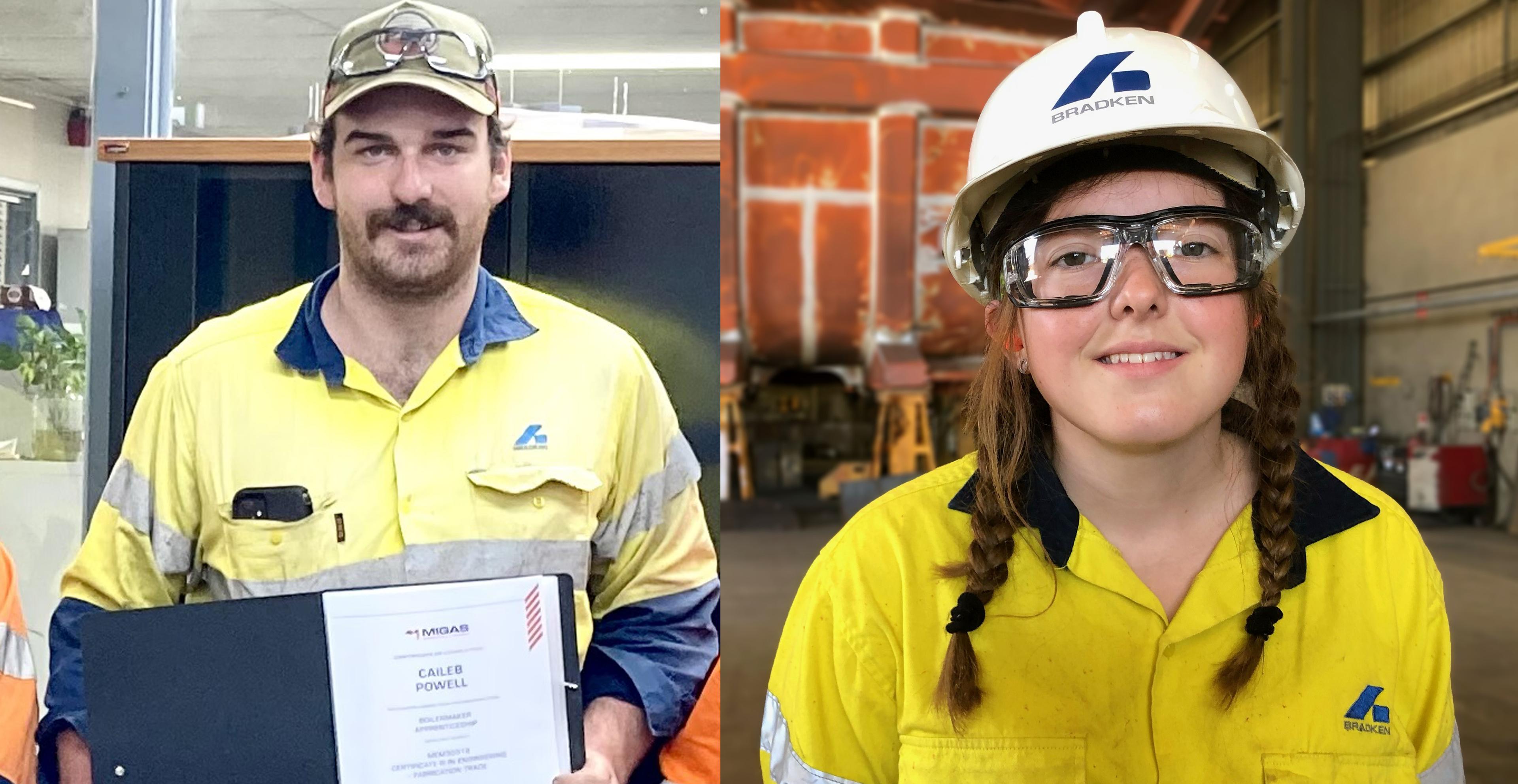 Two photos side-by-side, one of a man in a yellow hi-vis shirt with a Bradken logo holding a folder, and the other of a woman wearing a yellow hi-vis shirt and a white hard hat both with the Bradken logo on them